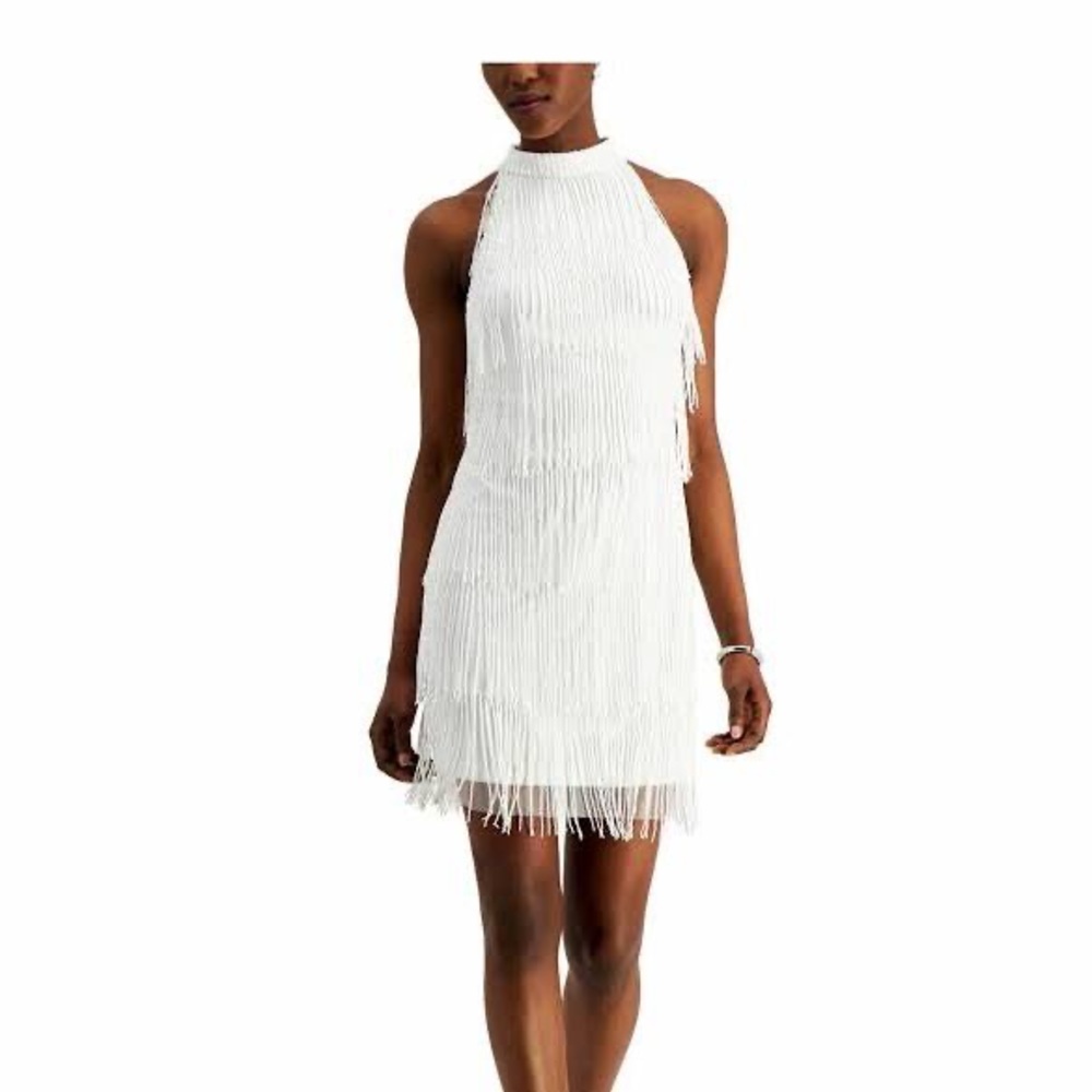 Adrianna Papell Fringe Beaded Short White Dress